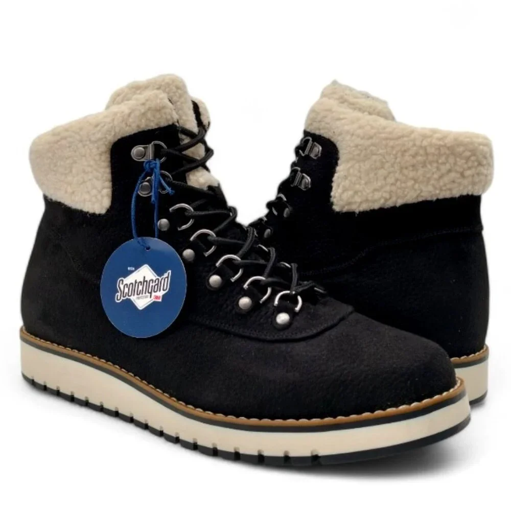 White Mountain Cozy Women’s 11 W Black Faux Shearling Wedge Heel Booties